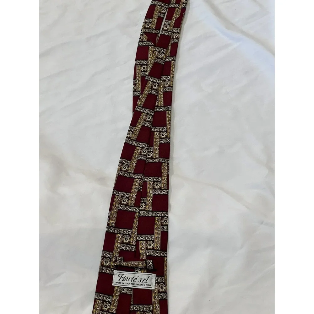 Fierte s.r.l. Mens Burgundy Gold Geometric Tile Silk Tie Made in Italy‎ 56 Inch